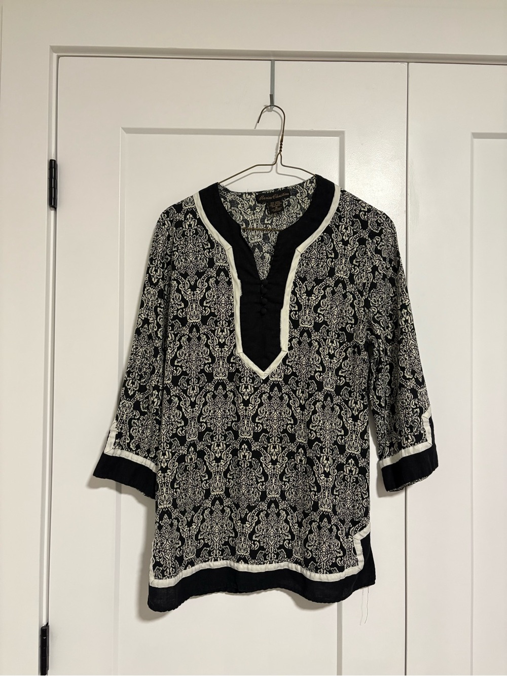 Marisa Christina Linen Blend Black and Cream 3/4 Sleeve Tunic Top Size Medium - Picture 2 of 12